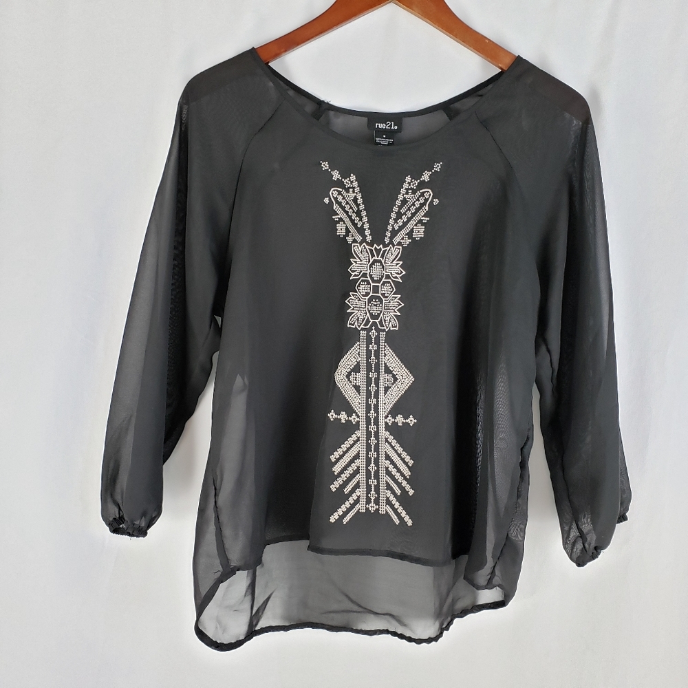 Rue21 Sheer Black Long Sleeve Decorative Blouse S